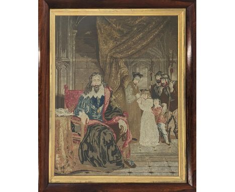 19TH CENTURY NEEDLEWORK PANEL, depicting Charles I bidding farewell to his children by Margaret Taylor, aged 13, 1851, in a r