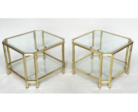 LAMP TABLES, a pair, 1970's gilt metal, square with canted corners and bevelled glass and glazed undertier, 60cvm x 60cm x 46