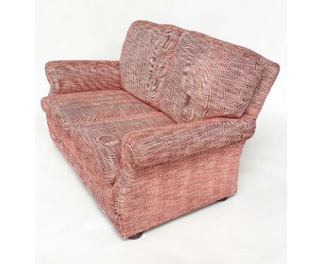 SOFA, two seater, with herringbone weave upholstery and rounded arms, 148cm W. 