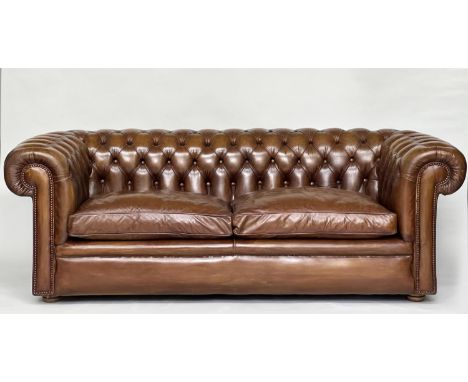 CHESTERFIELD SOFA, traditional soft antique tan brown natural  leather with deep buttoned rounded arm and back, 205cm W. 