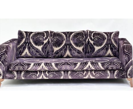 HEALS SOFA, contemporary design cut velvet with square section arms and tapering support, 210cm W. 