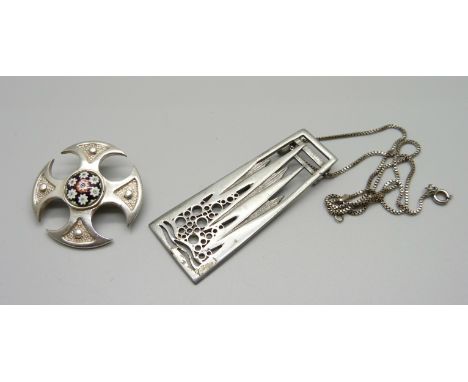 A Caithness Scottish style silver brooch, Birmingham 1971 set with millefiori glass and Ceard of Arron Scottish pendant 