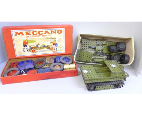 A late 1940's Meccano set outfit 7A, and a Meccano army vehicle 