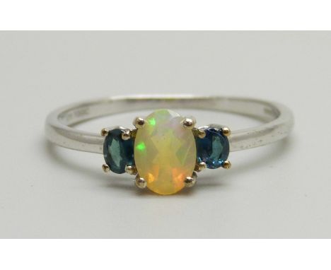 A 9ct gold, Ethiopian opal and colour change garnet ring, 1.8g, T, with certificate 