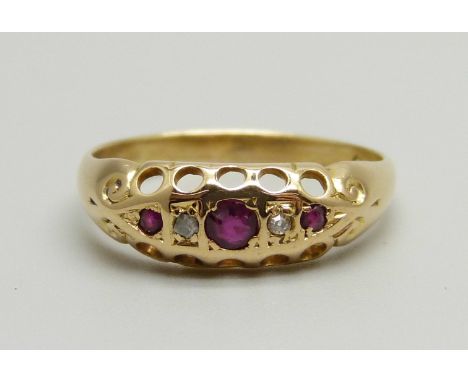 An 18ct gold ruby and diamond ring, 1.9g, M 