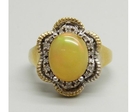 A silver gilt Ethiopian opal and diamond cluster ring, N/O 