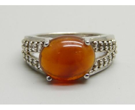 A silver American fire opal and white topaz ring, L, with certificate 