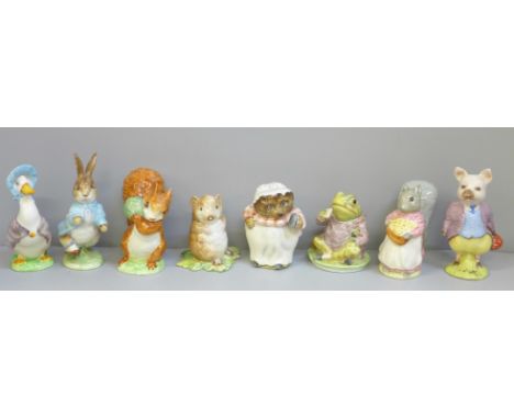 Eight Beswick Tales of Beatrix Potter figures, Mrs Tiggywinkle, Jemima Puddleduck, Peter Rabbit, Pigling Bland, Mr Jeremy Fis