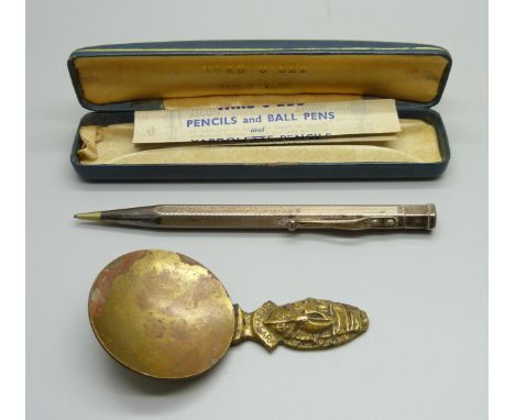 A silver Yard-O-Led pencil, boxed, and a Cutty Sark tea caddy spoon 