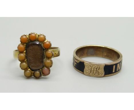 A Georgian yellow metal mourning ring and a yellow metal and black enamel 'In Memory Of' mourning ring, 5.1g, L/M 