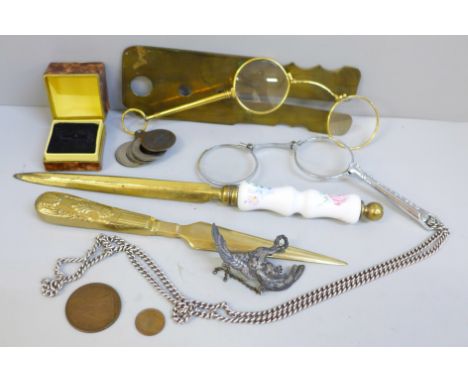 Two pairs of lorgnettes, brass button polish, etc. 