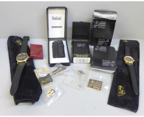 JPS Norton motorbike racing memorabilia including Zippo lighter, windproof lighter, lady's watch, pin badges, gent's watch, p
