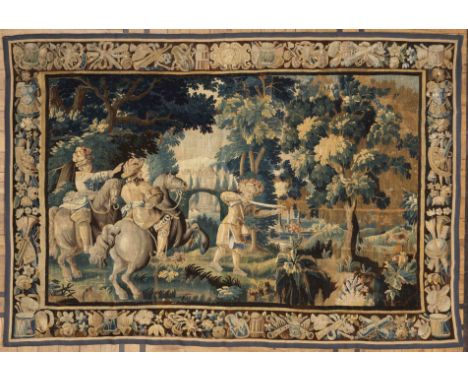 Tapisserie de verdure. France, 18e siècleA décor d'une scène de cavaliers dans un paysage verdoyant.(Doublée, restaurée par C