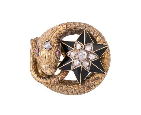 Antike Brosche "Drache mit Stern", besetzt mit Diamantrosen zus. ca. 0,60 ct, mittlere Farbe u. Reinheit, 2 Rubinaugen, GG 14
