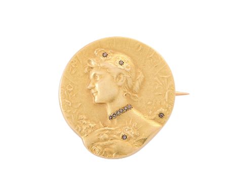 Antike Brosche, Portraitdarstellung "LE JOUR" mit Miniaturdiamantbesatz, GG 18K, 8,3 g, 2,3x2,5 cm, Belle Epoque 19. Jh., seh