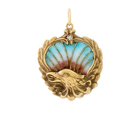 Anhänger "Adler" mit Fensteremail und kleinem Brillant, GG 14K, 3,4 gr, ca. 3x2 cm, 20. Jh., Tragespuren.| Pendant "Eagle" wi