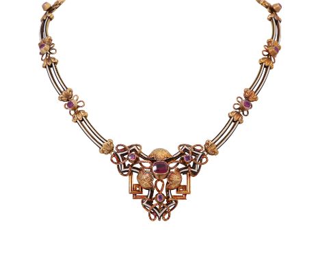 Historismus Collier mit Rubinen und rosafarbenen Saphiren, GG 14K, tlw. weiß u. schwarz emailliert, 48,8 gr, Länge ca. 40 cm,