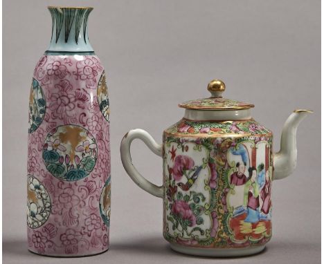 A Canton famille rose teapot and cover, 19th c, typically decorated with alternate scenes and panels of birds and flowers, 12