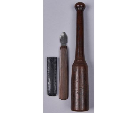 Treen. A fleam hammer&nbsp;of dense hardwood, English, early 19th c, 25cm and a veterinary stab/scalpel, by Mappin &amp; Webb