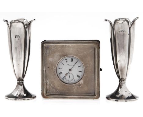 A George V&nbsp; silver mounted leather covered travelling clockcase, 90 x 90mm, by A &amp; J Zimmermann, Birmingham 1920, th