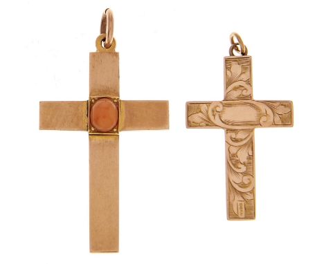 An Edwardian 9ct gold cross&nbsp;&nbsp;set with a coral bead, 38mm, by S Blankensee &amp; Son Ltd, Chester 1910 and another 9