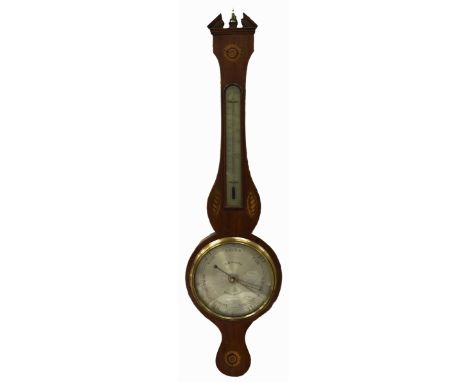 A Victorian mahogany and inlaid barometer, A Rivolta Warranted, c1840, with alcohol thermometer, 97cm h Restored and re-polis
