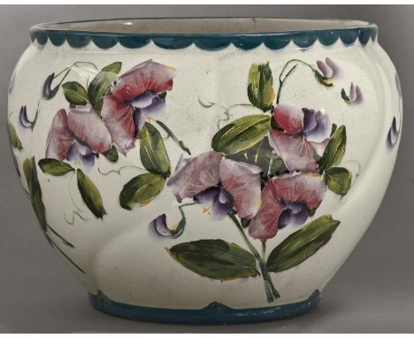A Wemyss ware Combe flower-pot, c1900, painted with sweetpeas, 20cm h, impressed mark, painted Wemyss, printed oval mark of T