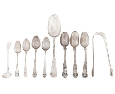 A George II silver spoon, seven George III and later teaspoons, a salt spoon and pair of sugar bows, various maker's and date