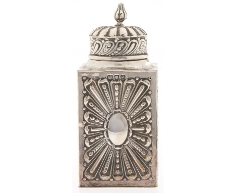 A Victorian silver tea caddy and cover, with die stamped decoration, 12cm h, by William Comyns &amp; Sons, London 1893, 4ozs 