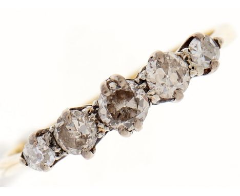 A five stone diamond ring, in gold marked 18ct, size K, 1.4g  Wear consistent with age