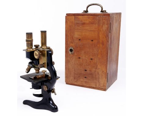 A brass and black painted&nbsp; metal compound binocular microscope, E Leitz Wetzlar, No 223990, early 20th c, with nickel pl