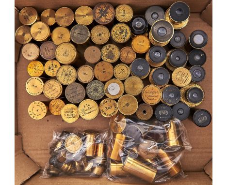 Miscellaneous brass microscope eyepieces and objectives, 19th c and cans, including Henry Crouch (9), Smith &amp; Beck, C Bak