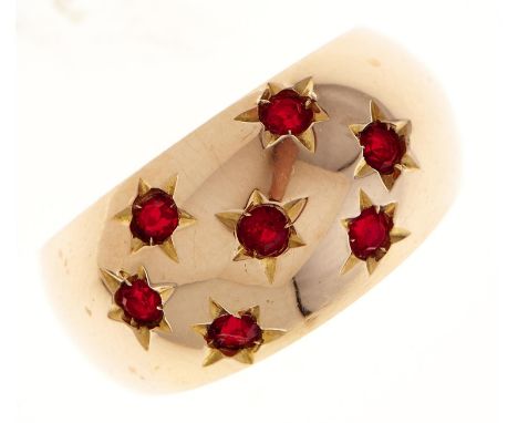 A simulated ruby ring,&nbsp;gipsy set, in gold marked 750, 3.8g, size N  Good condition