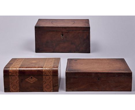 A Victorian mahogany tea caddy, 30.5cm, interior gutted, a walnut box with coloured straw work bands and another 19th c mahog