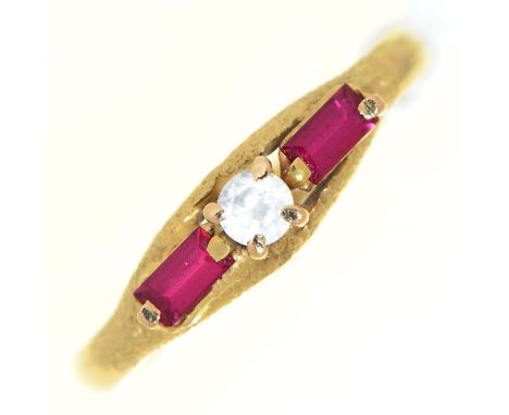 A synthetic ruby and white stone ring, in gold marked 18ct, 2.6g, size N  