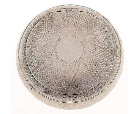 A Victorian round silver&nbsp; tobacco box,&nbsp; &nbsp;engine turned,&nbsp; &nbsp;80mm diam,&nbsp; by Thomas Johnson, London