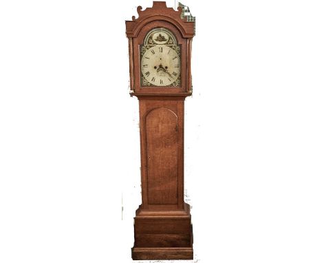 An oak eight day longcase clock, Josh Bell, Norwich, early 19th c, with break arched and painted dial, in light oak case, pen