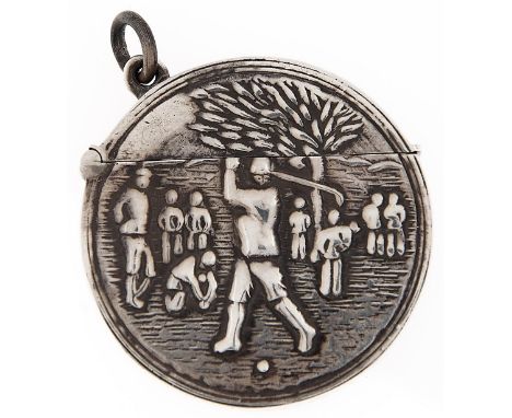 A round silver vesta case, early 20th c, embossed with a golfer playing a shot, 36mm, marked STERLING, 12dwts  Light wear and