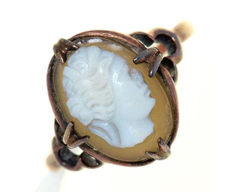 A sardonyx cameo ring, 19th c, in gold, Chester, other marks rubbed, 3.1g, size Q  Cameo chipped, hoop worn