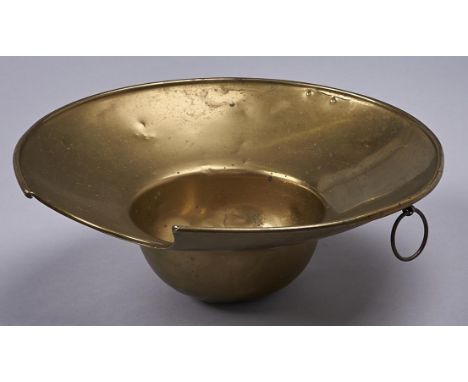 A Northern European sheet brass bleeding bowl, probably Dutch, c1800,&nbsp; of typical hat shape with steel ring for hanging,