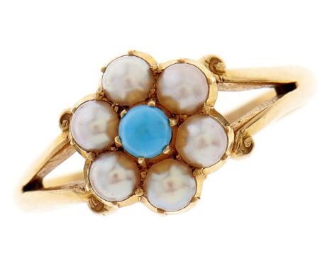 A Victorian turquoise and split pearl cluster ring, in gold, marked 18, 3.2g, size M  An attractive ring in good condition