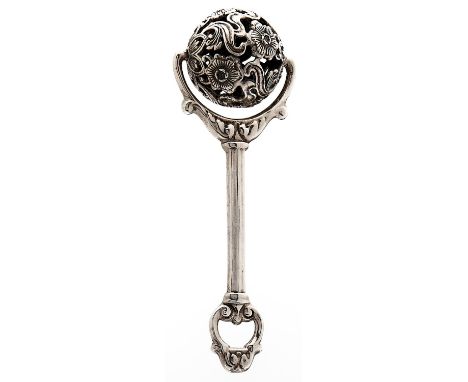 A Continental silver baby's rattle in the form of a ball on a handle, 20th c, 13.5cm, marked 925, 2ozs  Light wear only