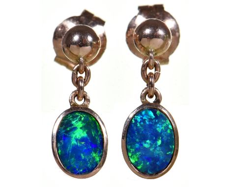 A pair of black opal doublet pendant earrings, in gold, 1.7g  Good condition