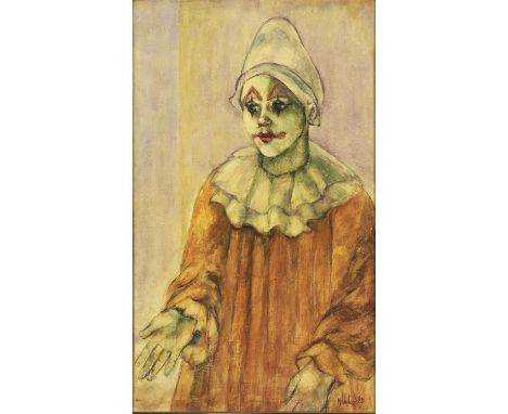 Martin Wieland (20th c) - Clown, signed and dated '85, acrylic on hardboard, 58 x 34.5cm  Good condition, possibly requiring 