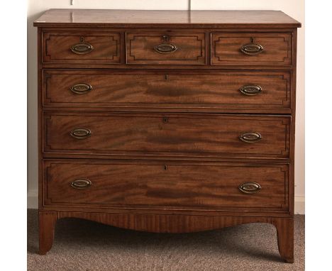 A William IV mahogany and line inlaid chest of drawers, on bracket feet, later brass handles, 104cm h; 51 x 114cm  Signs of u