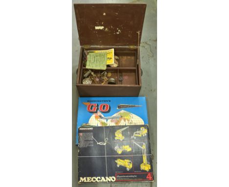 A quantity of Meccano in brown painted wood box, Meccano set 4 and a Waddington's Go board game Vintage condition as used and