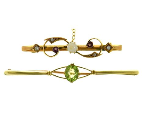 An opal and amethyst bar brooch and a&nbsp; peridot bar brooch, early 20th c, in 9ct gold or gold marked 15ct, 5g  Good condi