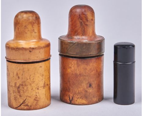 Treen.&nbsp; Three glass iodine bottles in ebony or boxwood cases, early 20th c,&nbsp; various sizes  Good condition for age 