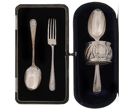 A George V silver child's spoon and fork, Feather Edge pattern, by Suckling Limited, Birmingham 1926, cased and a cased silve