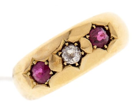 A Victorian ruby and diamond ring,&nbsp; gipsy set in 18ct gold, Chester 1899, 3.9g, size L  Light wear consistent with age